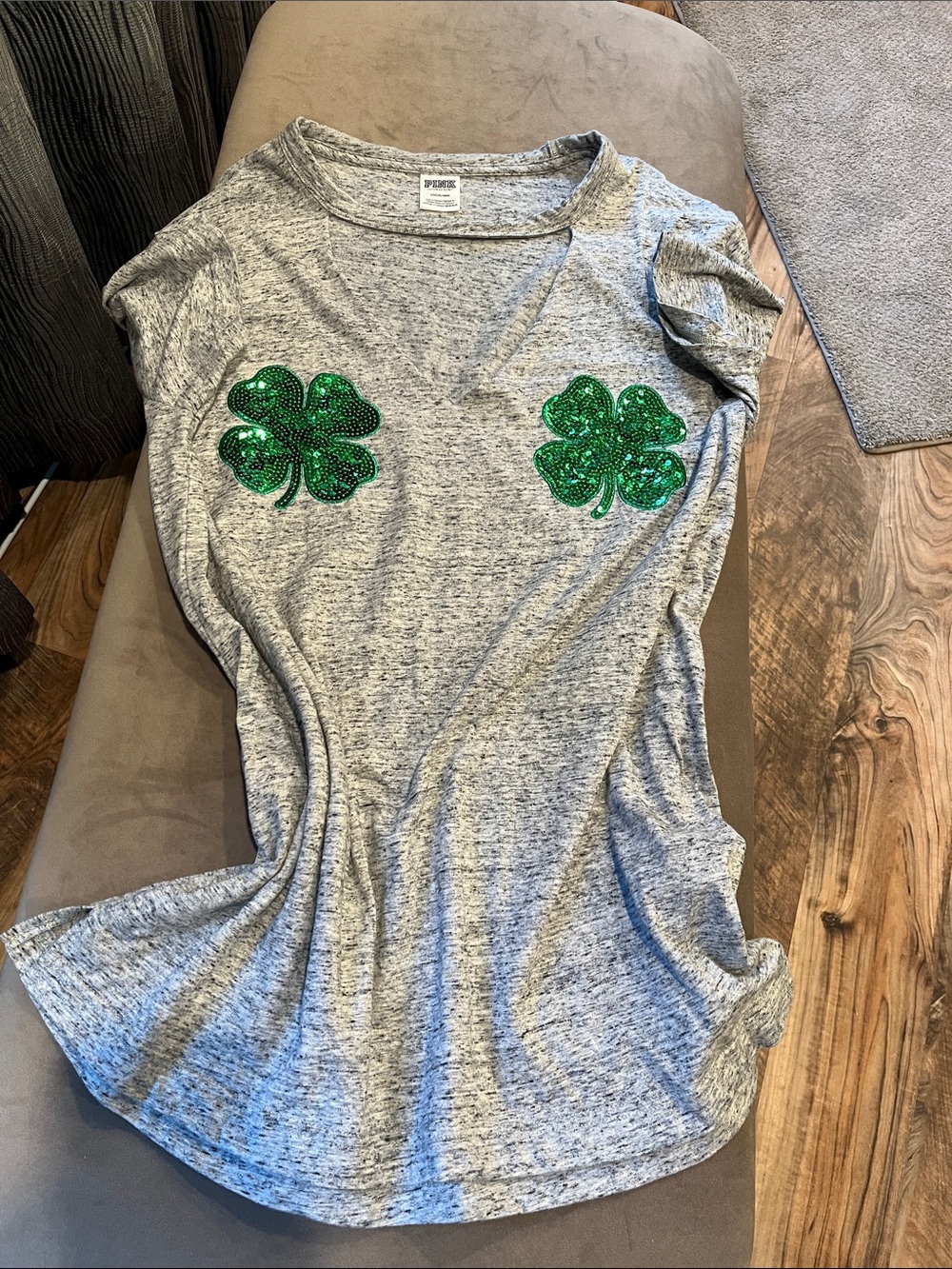 PINK Victoria's Secret Heather Gray Tee with Green Sequin Shamrocks